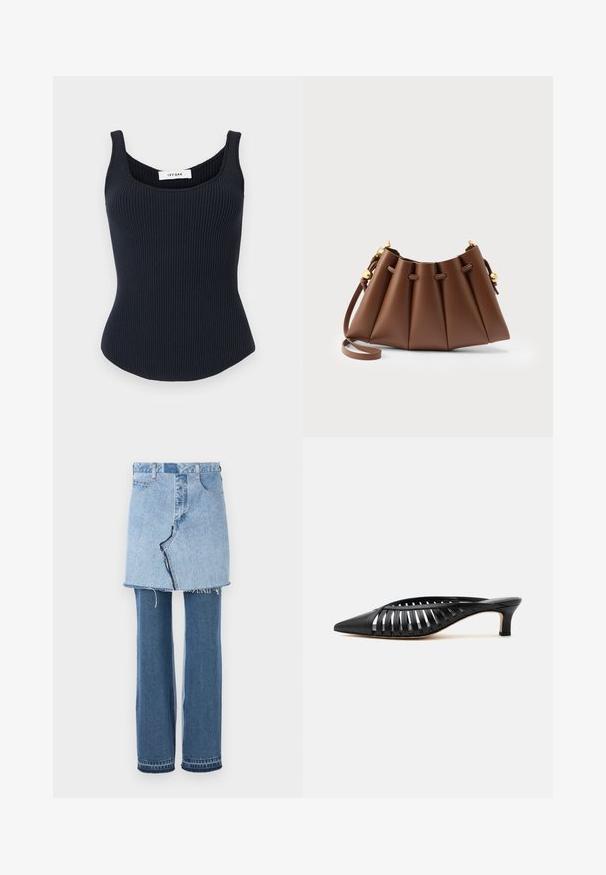 Sort ribstrikket tanktop med brede stropper og rund halsudskæring, mærket "Ivy Oak" på bagsiden inde ved kraven.; Denim beklædning, der kombinerer en lys blå miniskørt ovenfor og mørkeblå udvidede jeans nedenfor; har frynset kant og klassisk denimtekstur.; Sort læder mule med spids snude, stropdetalje og lav kittenhælk på hvid baggrund.; Brun plisseret læderhåndtaske med justerbar rem og guldfarvede snørefinish detaljer på neutral baggrund.