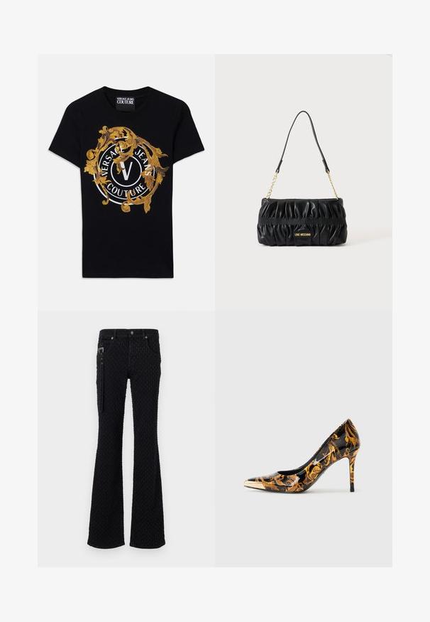 Čierne tričko s krátkym rukávom od Versace Jeans Couture so zlatým barokovým dizajnom a bielym kruhovým logom umiestneným v strede na prednej strane.; Čierne rozšírené džínsy s textúrovanou látkou s jemným vzorom, striebornými detailmi a prednými vreckami. Zips na boku.; Dámska vysoká ihlová obuv s špicatou špičkou a lesklým čiernym povrchom, zdobená zlatými kvetinovými vzormi a kovovým zlatým uzáverom na špičke.; Čierna kožená kabelka s nariasenou kožou, zlatým reťazovým remienkom a tabuľkou s logom "Love Moschino" v strede prednej strany.