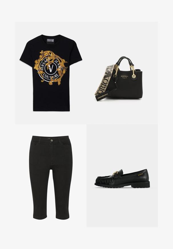 Sort kortærmet Versace Jeans Couture t-shirt med guld barokdesign og en hvid cirkulær logo centreret på fronten.; Sorte denim capri bukser med tætsiddende design, frontlommer og en enkelt knaplukning, der har en glat tekstur og ankel længde.; Sort læderloafer med rynket front, guldlåsdetalje, lav hæl og "Love Moschino" mærkelabel på siden.; Sort struktureret læderhåndtaske med dobbelt top-håndtag og en aftagelig rem. Guldbeslag og et fremtrædende logo fremhæver designet.