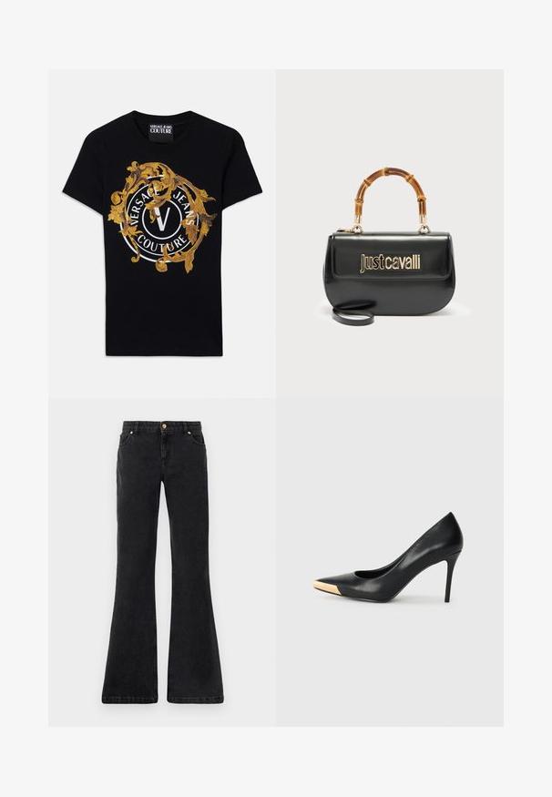 Sort kortærmet Versace Jeans Couture t-shirt med guld barokdesign og en hvid cirkulær logo centreret på fronten.; Sorte flared denim jeans med fem lommer, en frontlukning med knap og kontrastsyninger. Stoffet har en glat tekstur.; Sort læder stiletter med spids tå; har et metalisk guldakcent på tåkapperne. Glat overflade med et strømlinet design.; Sort læderhåndtaske med guld "Just Cavalli"-logo foran og buet bambushåndtag, med aftagelig lang rem.