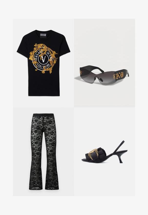 T-shirt à manches courtes noire de Versace Jeans Couture avec un design baroque doré et un logo circulaire blanc centré sur le devant.; Pantalons évasés en dentelle noire avec un motif floral, taille élastique noire, texture transparente et silhouette ajustée.; Escarpin noir à talon kitten avec bride arrière froncée et détail de boucle ornée en or sur fond blanc.; Lunettes de soleil enveloppantes noires avec verres à dégradé foncé et décorations dorées ornées sur les branches larges.