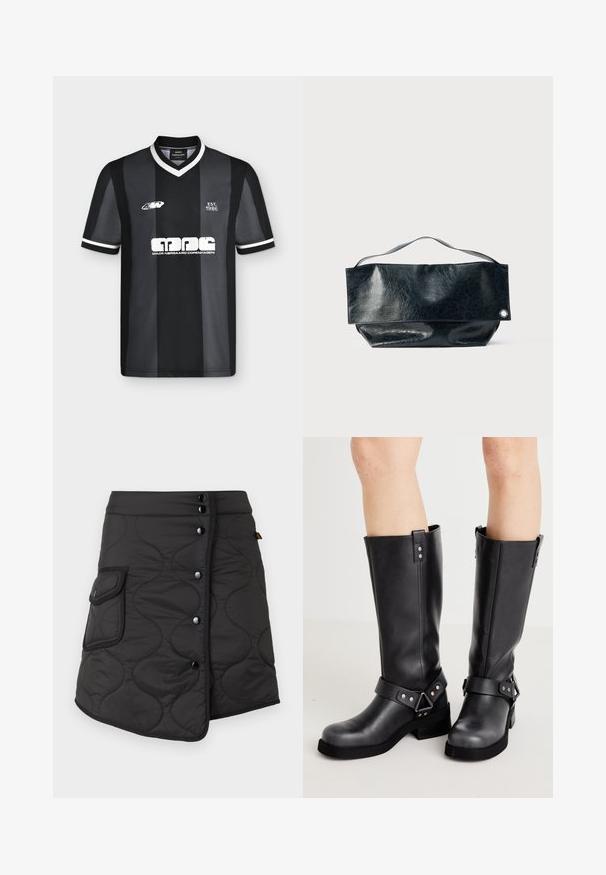 Camiseta deportiva de manga corta a rayas negras y gris oscuro con ribete blanco, texto "EST. 1986" y logo "Mads Nørgaard Copenhagen" en el frente.; Falda negra acolchada con un dobladillo asimétrico, que presenta cinco botones oscuros y un bolsillo lateral con detalle de solapa redondeada.; Botas de cuero negro hasta la rodilla con un eje ancho, detalles de correas, herrajes plateados y una suela plana. Textura suave con un ligero brillo.; Bolso de cuero negro con superficie texturizada, diseño rectangular, cierre con solapa plegada y pequeño detalle metálico.