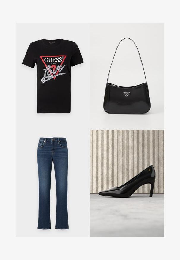 Zwarte katoenen T-shirt met een rood driehoeklogo met "GUESS U.S.A." en een met kristallen versierd "Love" tekstontwerp in het wit. Korte mouwen.; Donkerblauwe spijkerbroek met een rechte pijp, voorzien van voorzakken, een ritsluiting en subtiele vervaging langs de dijen.; Zwarte pumps met spits toelopende neus en hoge hak, voorzien van een gouden logodetail, rechtop geplaatst op een reflecterend oppervlak naast een metalen ordnerhouder.; Zwarte lakleren schoudertas met een gebogen vorm, voorzien van een zilveren driehoeklogo en een ritssluiting. Gladde textuur en slanke schouderband.