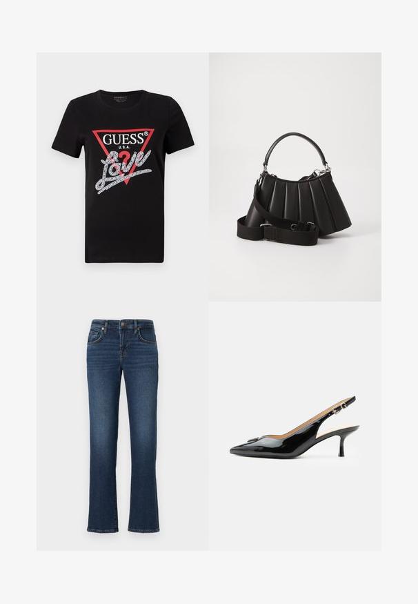 Sort bomulds T-shirt med et rødt trekantet logo og "GUESS U.S.A." samt et krystinsat "Love" tekstdesign i hvid. Korte ærmer.; Mørkeblå denim jeans med lige ben, der har frontlommer, lynlås og bløde falmede områder langs lårerne.; Sort patentlæder slingback hæl med spids tå, lille kitten hæl og sølvspænde på en ensartet hvid baggrund.; Sort plisseret handbag med et rundet håndtag, justerbar rem og blank overflade. Har sølvfarvet hardware og en struktureret silhuet.