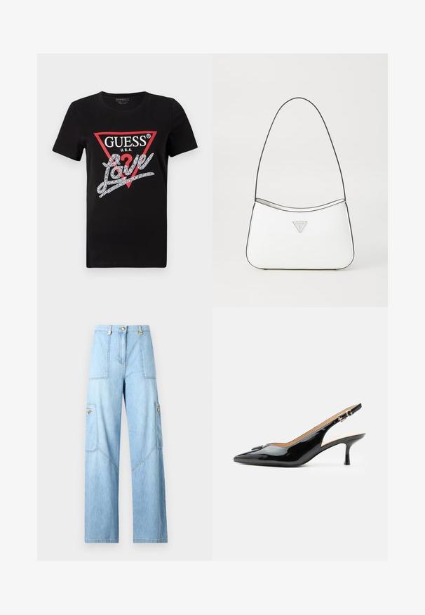 Camiseta de algodón negra con un logo en forma de triángulo rojo con "GUESS U.S.A." y un diseño de texto en blanco que dice "Love" y está adornado con cristales. Mangas cortas.; Vaqueros de pierna ancha azul claro de denim. Cuenta con grandes bolsillos laterales, detalles de costura y un cierre de botón con acentos dorados.; Tacón slingback de charol negro con puntera puntiaguda, tacón pequeño tipo kitten y correa con hebilla plateada sobre un fondo blanco liso.; Bolso de mano blanco con un diseño elegante y curvado, que cuenta con una delgada correa negra y un acento de logotipo triangular plateado. Textura suave y un detalle mínimo.