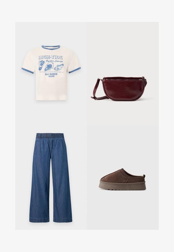 T-shirt crème avec bordure bleue présentant le texte « HIGH-TIDE Oyster Lounge » et trois illustrations de coquilles d'huîtres bleues, en référence à Bar Harbor, Maine.; Pantalon en jean bleu à jambes larges avec taille élastique et coutures avant subtiles sur un fond uni.; Chausson en daim marron à enfiler avec semelle en caoutchouc épaisse, dos bas et détails brodés, présenté sur fond gris clair.; Sac à main en cuir marron foncé avec une forme en demi-lune, une fermeture éclair et une bandoulière amovible. Texture lisse avec un léger éclat.