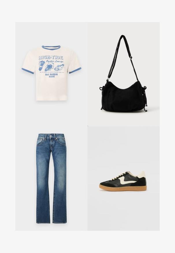 T-shirt crème avec bordure bleue présentant le texte « HIGH-TIDE Oyster Lounge » et trois illustrations de coquilles d'huîtres bleues, en référence à Bar Harbor, Maine.; Jean en denim bleu avec fermeture par bouton et zip, poches avant et arrière, et légère décoloration aux cuisses et aux genoux.; Baskets en daim et cuir noir avec un swoosh latéral crème et un talon crème clair. Dotées de lacets beige et d'une semelle en caoutchouc gomme.; Sac à épaule en velours côtelé noir avec une forme courbée, bandoulière réglable et fermetures à cordon des deux côtés pour un ajustement de taille.