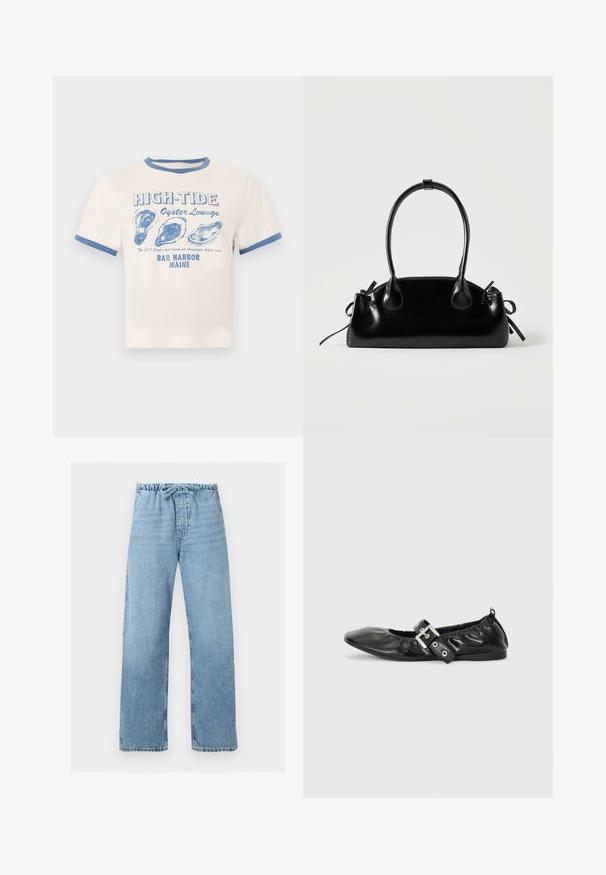 T-shirt crème avec bordure bleue présentant le texte « HIGH-TIDE Oyster Lounge » et trois illustrations de coquilles d'huîtres bleues, en référence à Bar Harbor, Maine.; Jean en denim bleu clair avec jambes larges, taille élastique et lien à cordon, présenté à plat sur fond blanc.; Chaussure plate en cuir noir avec un nez pointu, des détails froncés autour de l'ouverture et un accent en boucle argentée sur la bride ajustable.; Petit sac à main noir brillant avec deux longues anses et des détails à cordon sur les côtés sur un fond clair uni.