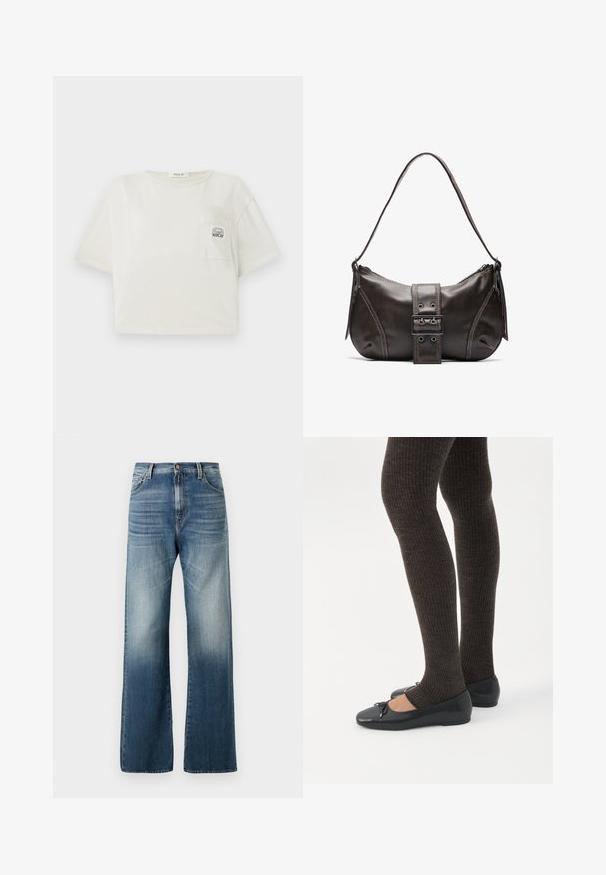 Kraftigt, kortærmet t-shirt i off-white bomuld. Har en brystlomme med et trykt logo og en rund halsudskæring. Glat tekstur.; Bredde ben blå denim jeans med en falmet finish, der har en knaplukning og et traditionelt fem-lomme design. Glat tekstur overalt.; Ben iført mørke ribbede leggings kombineret med sorte balletsko med små sløjfedetaljer på hvid baggrund.; Brun læder skuldertaske med en buet form, der har et fremtrædende spænde, kontrasterende syninger og en enkelt skulderrem.