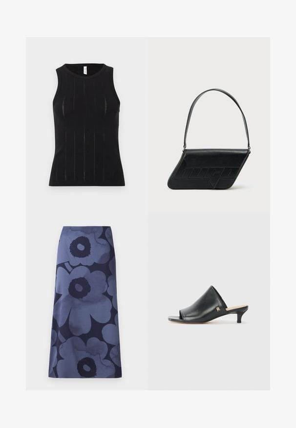 Top negro sin mangas con textura acanalada de líneas verticales y sutiles recortes. Escote redondeado y diseño ajustado.; Falda midi con estampado floral que presenta grandes flores azul oscuro sobre un fondo azul más claro; la tela parece suave con una textura ligeramente brillante.; Mules de cuero negro de punta abierta con un tacón bajo. Presentan una superficie lisa y un acento del logo dorado en el costado.; Bolso de hombro de cuero negro con forma triangular, logo en relieve y una sola correa ajustable. Diseño minimalista con textura suave.
