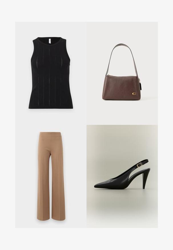 Haut noir sans manches avec une texture côtelée à lignes verticales et des découpes subtiles. Col arrondi et coupe ajustée.; Pantalons à jambes larges en tissu extensible beige clair avec une texture lisse et une taille haute élastique. Pas de fermeture ni de poches visibles.; Escarpin à bride arrière en cuir noir avec bout pointu, boucle dorée et talon effilé sur un fond neutre.; Sac à épaule en cuir marron avec une texture lisse, des accessoires en or et un design minimaliste. Il comporte une fermeture éclair sur le dessus et une bandoulière.