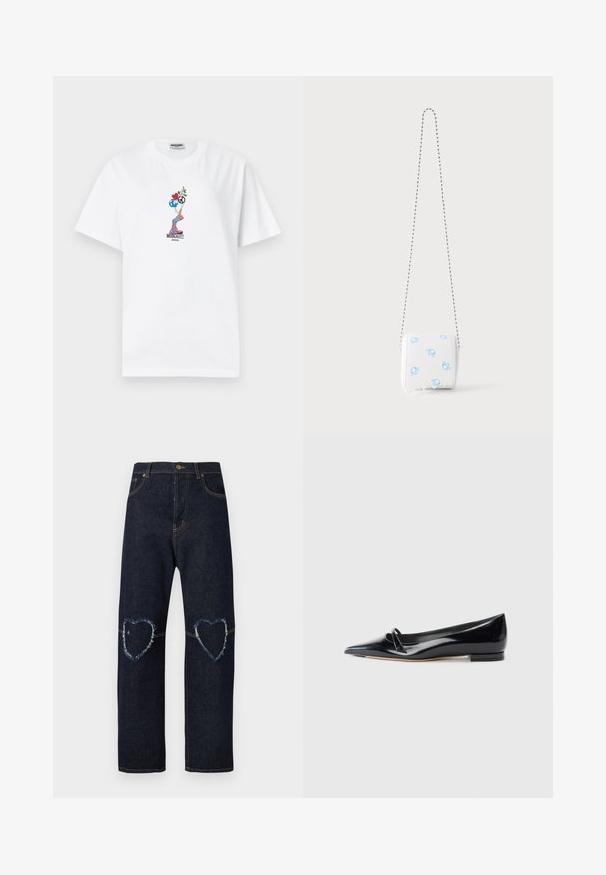 T-shirt blanc Moschino avec un graphisme coloré représentant une personne en équilibre sur les mains tenant un cœur, un globe, un symbole de paix et des fleurs.; Jean en denim bleu foncé avec jambes droites et patchs en forme de cœur usés sur les deux genoux.; Chaussure plate en cuir verni noir avec un bout pointu, une petite lanière décorative et un petit talon carré. Texture lisse et design épuré.; Petit sac blanc avec des symboles masculins bleus, bord inférieur festonné et une fine bandoulière chaîne sur fond uni.