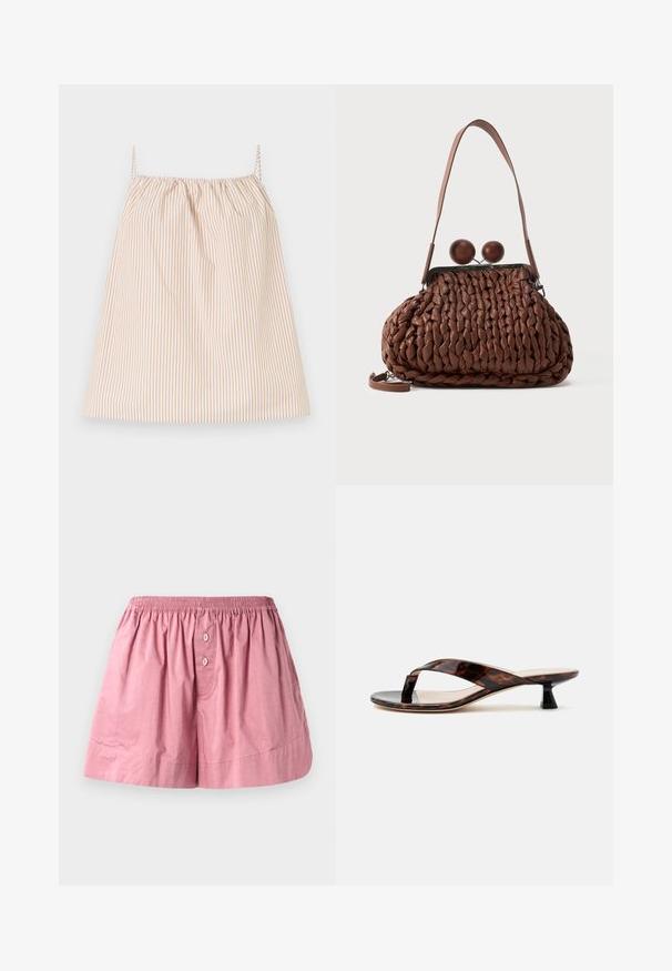 Hihaton beige-valkoinen pystykirjava mekko, jossa ohuet olkaimet ja kerrostettu pääntie, esitetty litteänä valkoisella taustalla.; Vaaleanpunaiset puuvillaiset yöshortsit, joissa on joustava vyötärö, kaksi etupainiketta ja löysä istuvuus. Kangas on sileä, ja siinä on hieman ryppyinen rakenne.; Ruskea kilpikonnakuosinen pikkutakki-kiiltonahkasandaali varvastenvälisellä remmillä ja neliskulmaisella kärjellä yksinkertaisella vaalealla taustalla.; Ruskea kudottu nahkainen käsilaukku, jossa on yksi hihna ja kaksi suurta pyöreää puisetta jousilukkoa yläosassa.