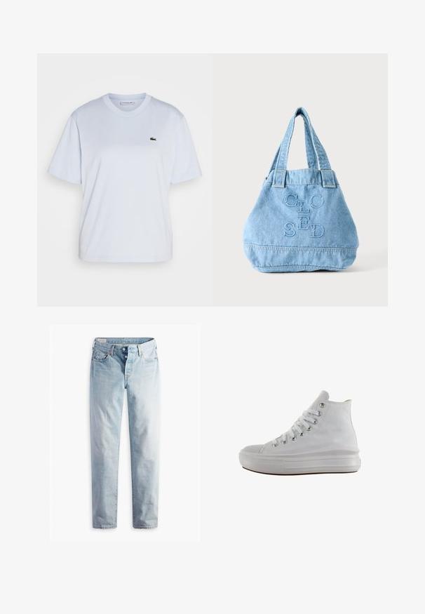 Lacoste T-Shirt basic - phoenix blue; Hellblaue Jeans aus Denim mit geradem Bein, fünf Taschen und Metallknöpfen am Standardbund.; Weißer High-Top-Canvas-Sneaker mit weißen Schnürsenkeln, metallischen Ösen, dicker Gummisohle und strukturierter Zehenkappe, nach links auf weißem Hintergrund ausgerichtet.; Hellblaue Denim-Tasche mit doppelten Griffen und dem Wort „CLOSED“ in großen Buchstaben auf der Vorderseite bestickt.