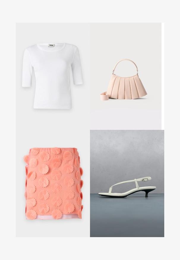 T-shirt blanc à côtes avec un col rond et des manches mi-longues. Fabriqué en matériau doux avec une texture lisse. Étiquette visible au niveau du col.; Jupe courte rose corail avec des appliques florales circulaires superposées couvrant le tissu.; Sandale blanche à talon kitten avec des lanières et un bout pointu, flottant au-dessus d'un sol en carrelage en bois en plein air avec un arrière-plan flou de plante et de mur.; Sac à main plissé beige avec une poignée incurvée et une bandoulière amovible, présenté sur un fond clair uni.