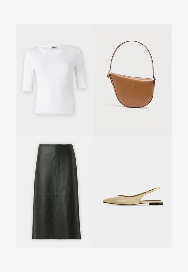T-shirt blanc à côtes avec un col rond et des manches mi-longues. Fabriqué en matériau doux avec une texture lisse. Étiquette visible au niveau du col.; Jupe midi en cuir noir avec une coupe droite. Texture lisse, coutures minimales et taille ajustée. Pas de poches visibles ni de détails supplémentaires.; Chaussure plate beige à bout pointu avec bride arrière, petit talon noir et finition en cuir lisse, vue de côté sur un fond uni.; Sac à main en cuir marron en forme de demi-lune avec une bandoulière unique, logo BOSS doré sur le devant et petit détail de tirette dorée sur le côté.