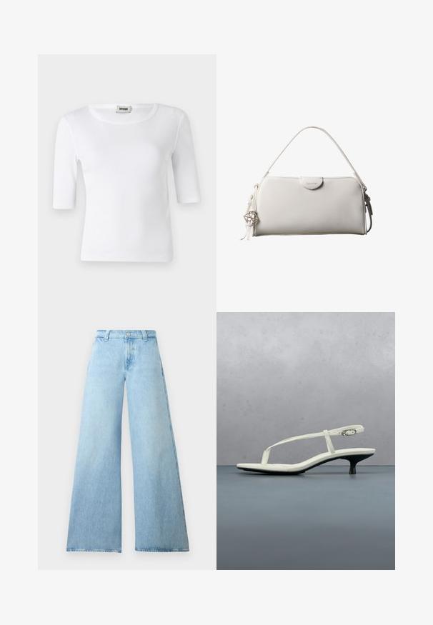 Camiseta blanca de canalé con escote redondo y mangas de longitud hasta el codo. Fabricada con un material suave de textura lisa. Etiqueta visible en el escote.; Jeans de pierna ancha de un azul claro, hechos de denim, con una cintura alta, que presentan un cierre de botón y cinco bolsillos. Textura suave con una silueta casual.; Sandalia blanca de tacón kitten con tiras y punta afilada, flotando sobre un suelo de baldosas de madera al aire libre, con un fondo desenfocado de plantas y pared.; Bolso rectangular blanco de Calvin Klein con un solo asa, diseño minimalista y borlas decorativas con un charm metálico geométrico en el lateral.