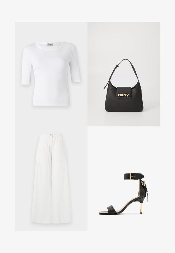Hvid ribbet T-shirt med rund halsudskæring og ærmer til albuerne. Fremstillet af blødt stof med en glat overflade. Etiketten er synlig ved halsudskæringen.; Hvide linned bredbenede bukser med høj talje, store frontlommer og en enkelt knaplukning. Blød tekstur med en afslappet pasform.; Sort læder hæl sandal med firkantet tå, ankelrem med en guldbuckle og en slank metallisk hæl. Glat tekstur, minimalistisk design.; Sort læder skuldertaske med en struktureret form, der har et guld "DKNY" logo på forsiden og en kort, justerbar rem.