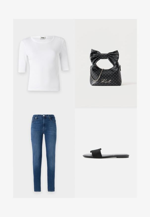 Hvid ribbet T-shirt med rund halsudskæring og ærmer til albuerne. Fremstillet af blødt stof med en glat overflade. Etiketten er synlig ved halsudskæringen.; Slanke jeans lavet af mørkeblå denim. Har høj talje, forlommer og subtil falming. Lige benudskæring med søm.; Sort flad slidssandal med bred rem over foden og et firkantet tådesign på hvid baggrund.; Sort nitted håndtaske med stor sløjfehåndtag, sølvkædedetalje og "Karl" signatur foran mod ensfarvet baggrund.