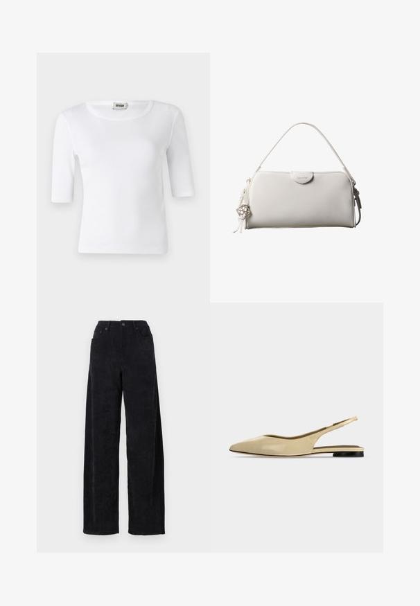T-shirt blanc à côtes avec un col rond et des manches mi-longues. Fabriqué en matériau doux avec une texture lisse. Étiquette visible au niveau du col.; Pantalon large en corduroy noir avec taille haute, doté de deux poches avant et d'une texture à côtes verticales subtile.; Chaussure plate beige à bout pointu avec bride arrière, petit talon noir et finition en cuir lisse, vue de côté sur un fond uni.; Sac à main rectangulaire blanc Calvin Klein avec une seule poignée, design minimaliste et pampilles décoratives avec un charm métallique géométrique sur le côté.