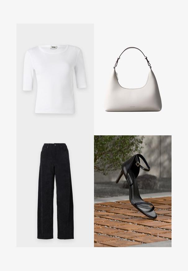 Weißes, geripptes T-Shirt mit rundem Ausschnitt und Ärmeln bis zum Ellbogen. Hergestellt aus einem weichen Material mit glatter Textur. Etikett am Ausschnitt sichtbar.; Schwarze Corduroy-Hosen mit weitem Bein und hohem Bund, ausgestattet mit zwei Fronttaschen und feiner vertikaler Rippstruktur.; Schwarze Sandalette mit hohem Absatz und Knöchelriemen schwebt über einem Holzboden im Freien vor verschwommenem Grün und Steinhintergrund.; Cremefarbene Calvin Klein Lederschultertasche mit gebogener Oberkante, silbernem Reißverschluss und dunkelbraunem verstellbarem Riemen.
