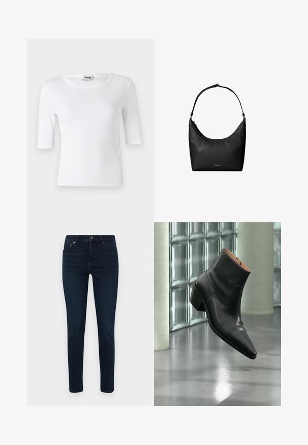 T-shirt blanc à côtes avec un col rond et des manches mi-longues. Fabriqué en matériau doux avec une texture lisse. Étiquette visible au niveau du col.; Jean en denim à lavage foncé avec coupe slim, présentant un design à cinq poches, un bouton de fermeture et des détails de surpiqûres subtils. Texture lisse sur l'ensemble.; Bottine en cuir noir avec un bout pointu et un talon carré lévitant au-dessus d'un sol gris réfléchissant près d'un mur en blocs de verre.; Sac à bandoulière en cuir noir texturé avec une sangle unique et un petit logo Calvin Klein au centre avant.