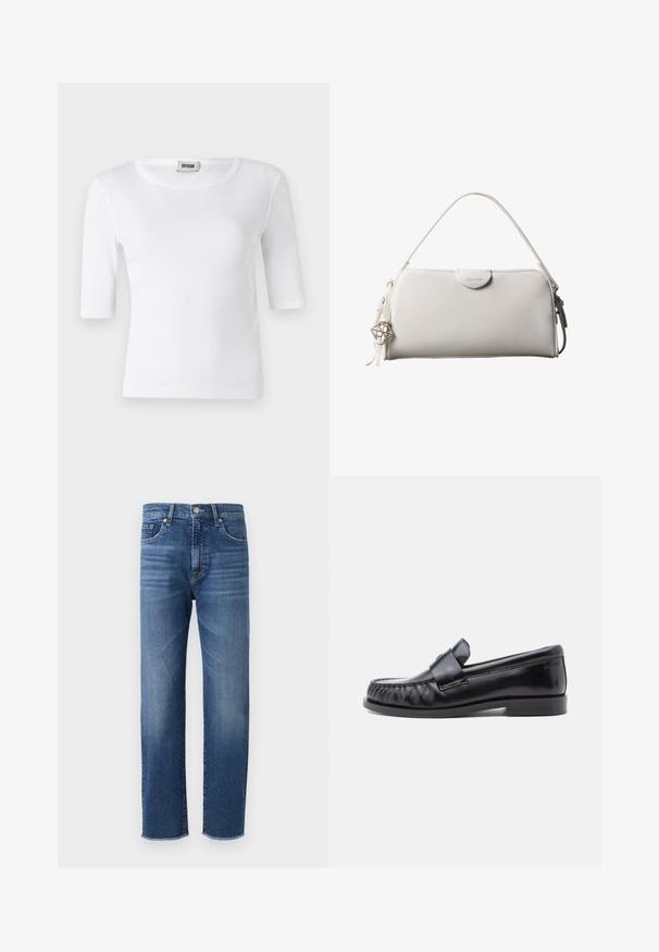Hvid ribbet T-shirt med rund halsudskæring og ærmer til albuerne. Fremstillet af blødt stof med en glat overflade. Etiketten er synlig ved halsudskæringen.; Blå denimjeans med straight-leg design, featuring en falmet finish, fem-lomme styling og en frynset kant.; Sorte læderloafers med rundet tå, karakteristisk syning og en dekorativ rem over vampen. Glat finish og lav hæl.; Hvid rektangulær Calvin Klein håndtaske med enkelt håndtag, minimalistisk design og dekorative kvaster med geometrisk metalvedhæng på siden.