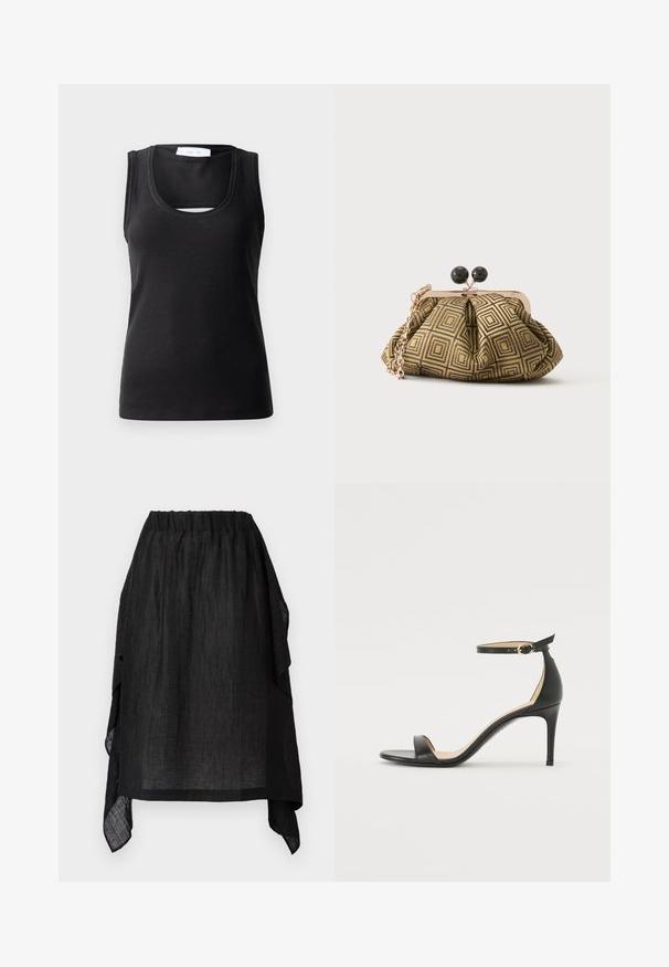 Must muströödik, mis on valmistatud ribadest kangast, omab ümmargust kaelust ning esiküljel on väike lõikekuju, et lisada disainielementi.; Henrik Vibskov UNCUT SKIRT - A-lõikeline seelik - black; Must musta kõrgete kontsadega sandaal, millel on pahkluule kinnituv rihm. Omab sileda tekstuuri, avatud varbaosa ning õhukest kontsa. Kuldtooniline pandla detail.; Väike käekott kuldse ja musta geomeetrilise mustriga, kuldse metallraamiga, musta palliga lukk ja lühikese kuldse kettaga sang.