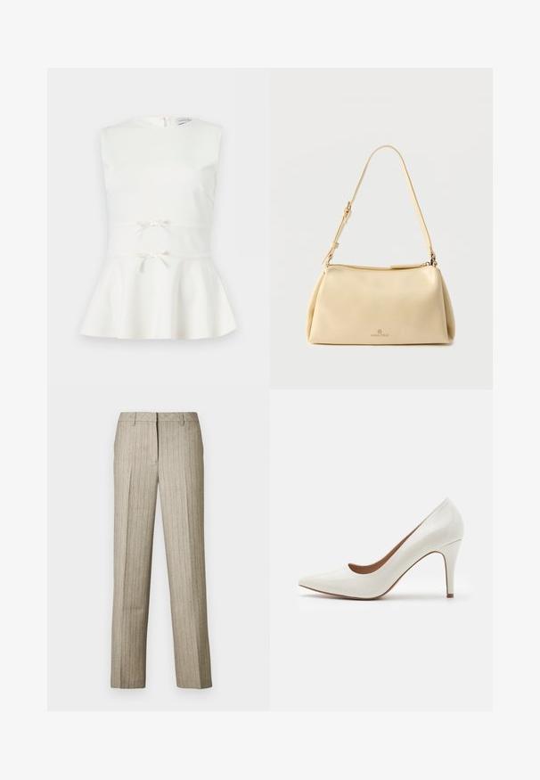 Ærmeløs hvid peplum-top med to små dekorative sløjfer ved taljen og rund halsudskæring.; Beige bukser med nålestriber og et lige ben-design, der har en struktureret linning og en subtil tekstur i hele stoffet.; Hvide patentlæder højhælede sko med spids tå og en glat overflade, der har en slank hæl og en lav skæring omkring åbningen.; Beige rektangulær skuldertaske med justerbar rem og lynlås, med en lille "Anna Field"-logo midt foran.