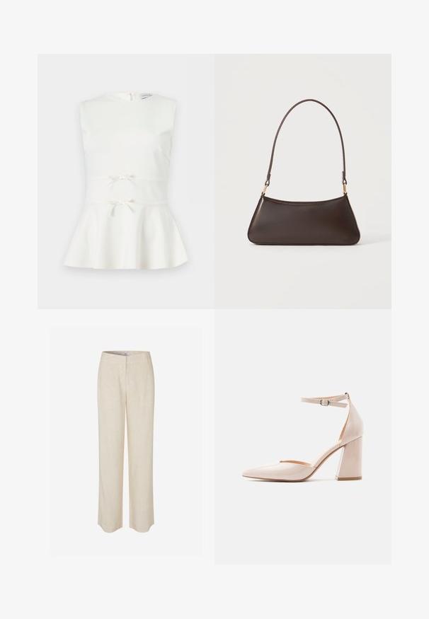 Ærmeløs hvid peplum-top med to små dekorative sløjfer ved taljen og rund halsudskæring.; Beige linnedbukser med et lige ben-design, der har en glat tekstur og en let glans. Indeholder linning og diskrete forlommer.; Beige laklædersko med høje hæle, spids tå og ankelrem med lille spænde, vist i sideprofil.; Mørkebrun læderhåndtaske med en buet toplynlås og en tynd skulderrem med guldfarvede låse på en ensfarvet baggrund.
