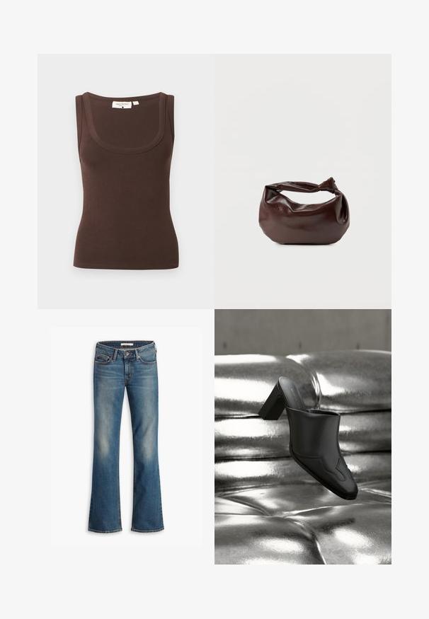 Débardeur marron sans manches en tissu côtelé, avec larges bretelles et encolure arrondie, présenté sur un fond neutre.; Jeans bootcut en denim bleu avec cinq poches et une fermeture à bouton, présentant des zones décolorées sur les cuisses et les genoux.; Mule en cuir noir avec talon bloc reposant sur une surface argentée brillante capitonnée, mettant en valeur son design élégant et ses détails incurvés.; Sac bandoulière en cuir marron foncé avec une forme souple et décontractée et une anse nouée torsadée sur un fond blanc uni.