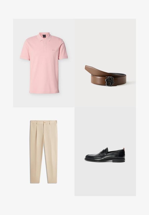 Polo à manches courtes rose clair avec col, patte de boutonnage à deux boutons et petit logo "BOSS" brodé sur la poitrine gauche.; Pantalon habillé plissé pour homme en beige avec fermeture à boutons, passants pour ceinture et coupe ajustée.; Mocassins en cuir noir au design élégant, à bout arrondi, avec une texture sur le devant et une semelle en caoutchouc pour une meilleure adhérence. Équipés d'une tirette à l'arrière.; Ceinture en cuir marron avec boucle double-B en métal noir, partiellement déroulée sur un fond clair