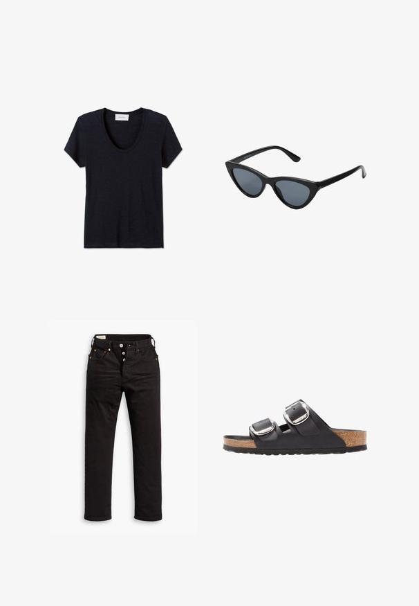 Dunkel marineblaues T-Shirt mit kurzen Ärmeln und Rundhalsausschnitt, schlichtes Design, flach auf weißem Hintergrund dargestellt.; Schwarze Straight-Leg-Jeans mit Knopfverschluss, Vorder- und Gesäßtaschen sowie Kupfennieten auf einem weißen Hintergrund.; Schwarze Sandale mit zwei verstellbaren Riemen, silbernen Schnallen und einem Korkfußbett auf einer strukturierten schwarzen Gummisohle.; Schwarze Cat-Eye-Sonnenbrille mit dunkelgrauen Gläsern, schlankem Kunststoffrahmen, spitzen Ecken und geraden Bügeln. Keine sichtbaren Befestigungen oder Akzente.