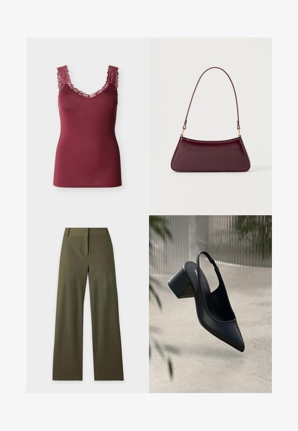 Camisola sin mangas de color burdeos con ribete de encaje en las tiras y el escote, estilo ajustado, mostrada sobre un fondo liso.; Pantalones de pierna ancha en verde oliva oscuro con cintura alta, trabillas para cinturón y cierre frontal oculto sobre un fondo claro y liso.; Zapato de tacón slingback de cuero negro con punta afilada y tacón cuadrado. Textura suave, diseño minimalista y correa ajustable en el tobillo.; Bolso brillante de color burdeos oscuro con un asa fina y única y una forma elegante de trapecio sobre un fondo claro y liso.