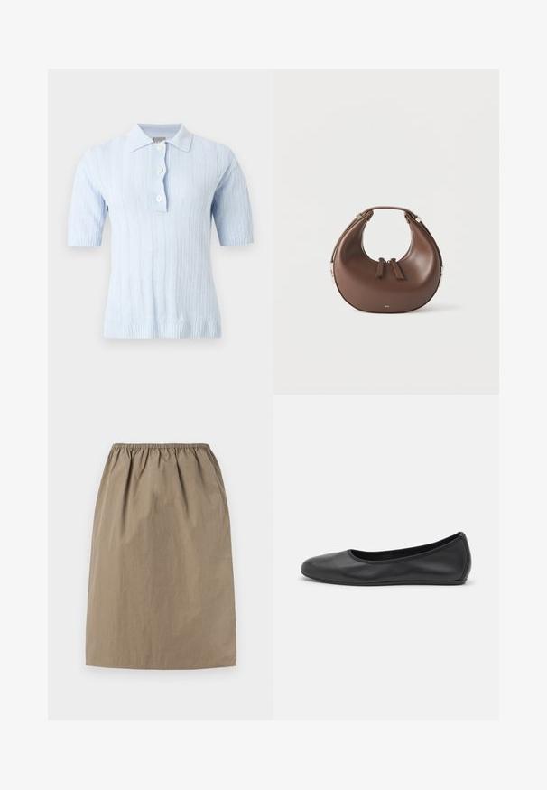 Polo en maille à manches courtes bleu clair avec des côtes verticales et trois boutons blancs sur la patte de boutonnage devant.; Jupe beige mi-genou avec taille élastique et ourlet droit, en tissu léger.; Ballerines en cuir noir avec un bout rond, texture lisse, détails de couture minimalistes et design de semelle flexible.; Sac à main en cuir marron en forme de croissant avec une poignée supérieure et deux curseurs de fermeture éclair, sur fond blanc.