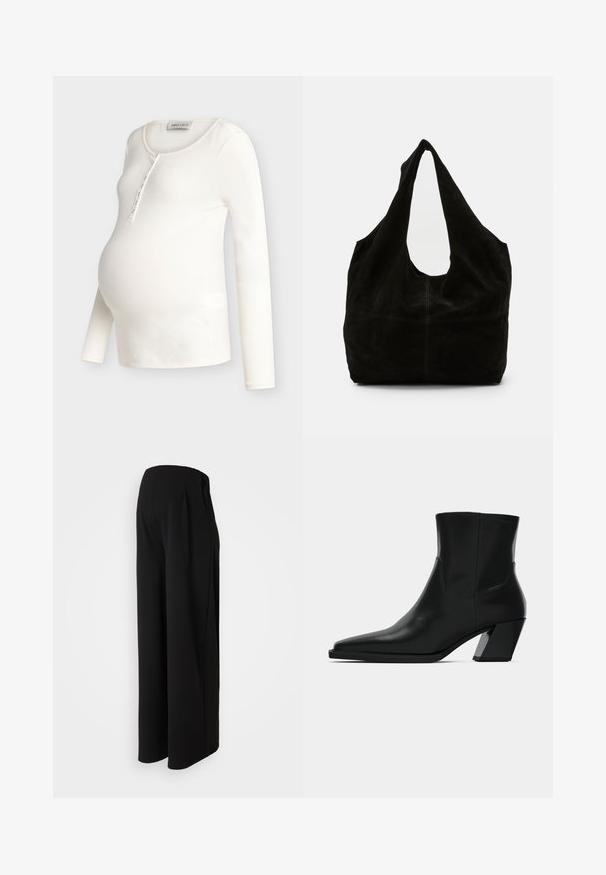 Top de maternidad de manga larga color crema con textura acanalada, cuello en forma de concha y tapeta con botones, diseñado para ajustarse sobre el vientre de embarazo.; Vero Moda Maternity Wide-leg Wide Leg Fit - Pantalones - black; Bota de tobillo de cuero negro con punta afilada, una silueta elegante y un tacón cuadrado grueso. Textura suave con detalles de costura mínimos.; Bolso de hombro de ante negro con un diseño holgado, una correa ancha y curvada, y una apariencia sin costuras con un mínimo de costura.