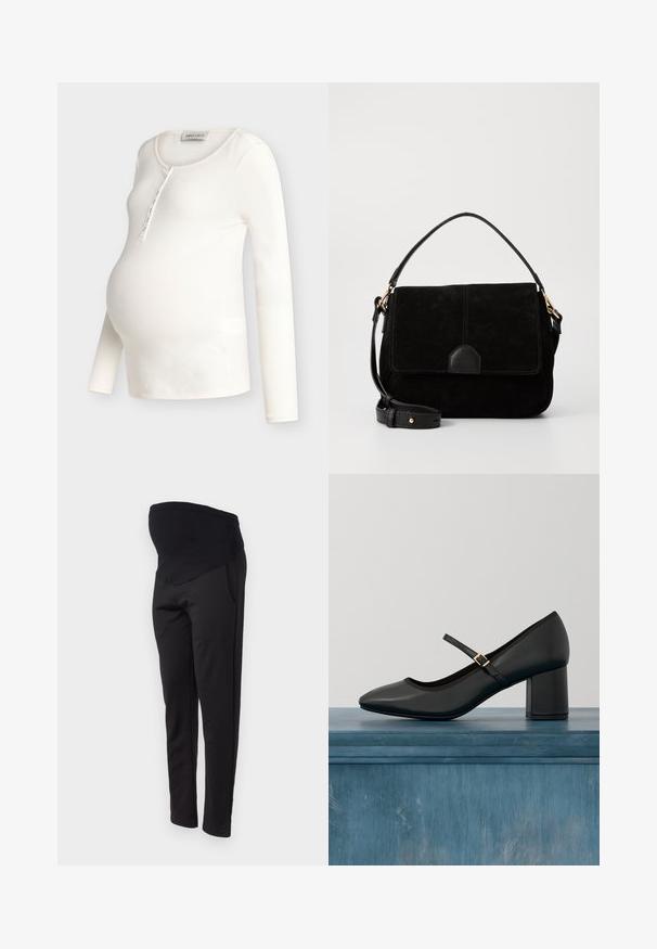 Kremfarvet ribstrikket langærmet graviditetstop med rund halsudskæring og knapåbning, designet til at passe over en gravid mave.; ONLY MATERNITY OLMGISELEA - Bukser - black; Sort Mary Jane-sko med blokhæl og guldfarvet spænde, svævende over et glat betongulv i en minimalistisk indendørs setting.; Sort suede håndtaske med læderdetaljer, der har klaplukning, topgreb og justerbar skulderrem. Glat tekstur, minimalistisk design.