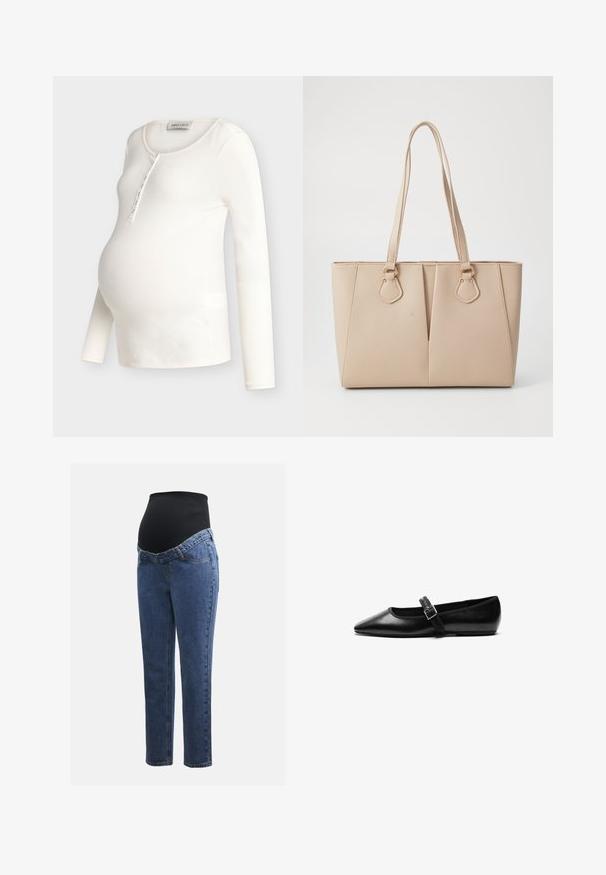 Kremfarvet ribstrikket langærmet graviditetstop med rund halsudskæring og knapåbning, designet til at passe over en gravid mave.; Graviditetsjeans med ben i blå denim og en sort strækbare abdominalpanel designet til at støtte og dække en voksende mave.; Sorte flade sko lavet af læder med spidse tæer, justerbar rem med metalspænde, glat tekstur og minimalistisk design.; Beige tote taske lavet af tekstureret kunstlæder, med dobbelte håndtag og guldfarvede hardware accenter. Designet inkluderer en delt frontdetalje.
