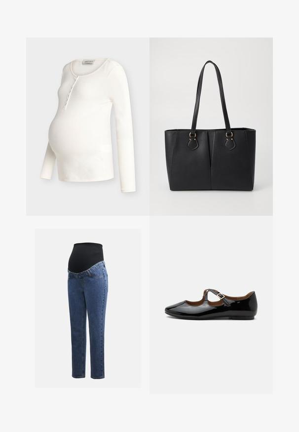Kremfarvet ribstrikket langærmet graviditetstop med rund halsudskæring og knapåbning, designet til at passe over en gravid mave.; Graviditetsjeans med ben i blå denim og en sort strækbare abdominalpanel designet til at støtte og dække en voksende mave.; Sort laklæder Mary Jane-flad sko med to udskæringer og en guldbuckelrem på hvid baggrund.; Sort faux læder tote taske med en tekstureret finish, to lange håndtag og hardware i guld tone-accenter på siden. Rektangulær form.