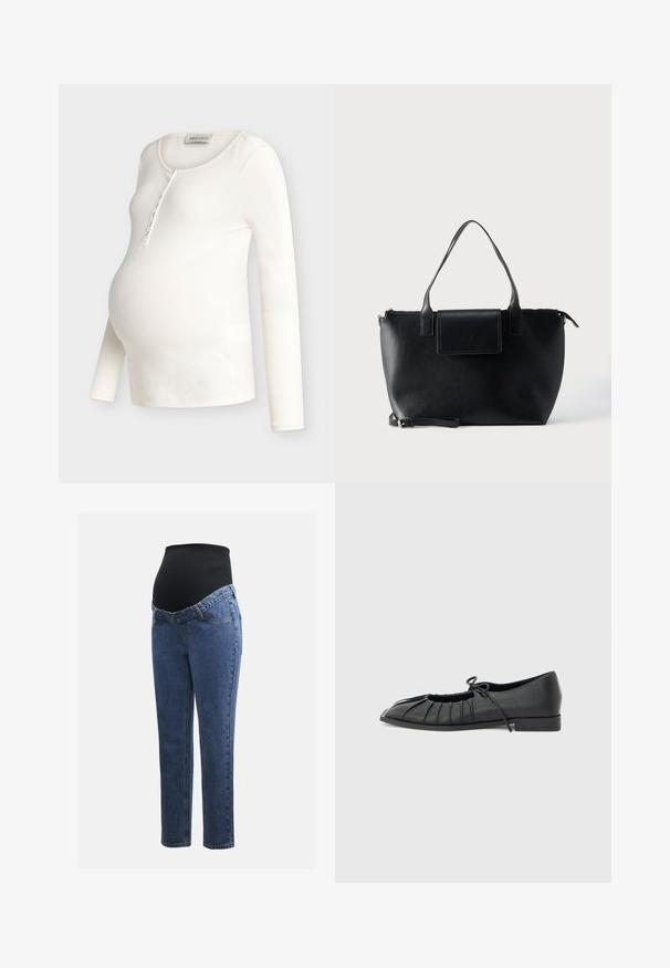 Haut de maternité à manches longues côtelées de couleur crème, avec encolure dégagée et patte de boutonnage, conçu pour s'adapter à un ventre de femme enceinte.; Jeans de maternité avec des jambes en denim bleu et un panneau abdominal noir extensible conçu pour soutenir et couvrir un ventre qui s'arrondit.; Chaussure plate noire avec design plissé à l'avant et un nœud noué sur le dessus, petit talon, et texture lisse sur un fond gris clair.; Sac cabas en cuir noir avec deux poignées, une bandoulière amovible, une fermeture à rabat magnétique et une texture lisse. Fermeture supérieure zippée et surpiqûres décoratives.