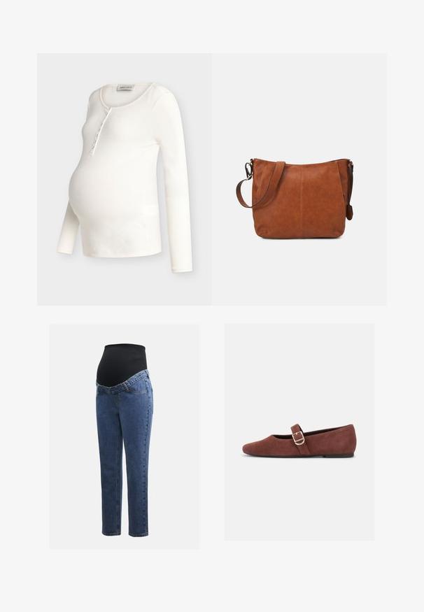 Top de maternidad de manga larga color crema con textura acanalada, cuello en forma de concha y tapeta con botones, diseñado para ajustarse sobre el vientre de embarazo.; Jeans de maternidad con piernas de denim azul y un panel abdominal elástico negro diseñado para soportar y cubrir una barriga en crecimiento.; Zapato plano Mary Jane de gamuza marrón con una correa de hebilla dorada y suela negra sobre fondo blanco.; Bolso de hombro de cuero marrón con forma curva, correa ajustable y detalles de costura mínimos, que cuenta con un interior espacioso.