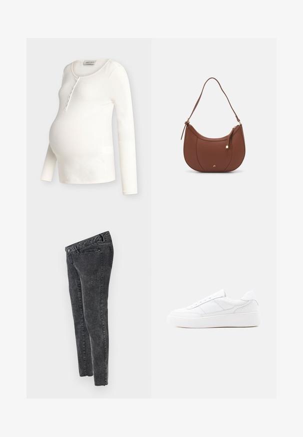 Kremfarvet ribstrikket langærmet graviditetstop med rund halsudskæring og knapåbning, designet til at passe over en gravid mave.; MAMALICIOUS Slim fit Mid waist Raw hems - Jeans Slim Fit - grey denim; Hvid lavtop-sneaker med tyk sål, snørelukning og diskrete syningsdetaljer på en ensfarvet lys baggrund.; Brun faux læder skuldertaske med buet form, minimal syning og en guldtonet hardwaredetalje. Har en top lynlåslukning og justerbar rem.