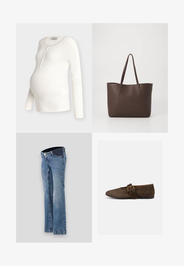 Haut de maternité à manches longues côtelées de couleur crème, avec encolure dégagée et patte de boutonnage, conçu pour s'adapter à un ventre de femme enceinte.; Jean en denim bleu clair avec un design à jambe évasée, doté d'une taille sombre et d'un style à cinq poches, agrémenté de détails de couture visibles.; Chaussure plate en daim marron avec une large bride et une boucle dorée, bout arrondi et semelle noire basse, vue de profil sur fond blanc.; Sac en cuir marron au design texturé, muni de deux poignées sur les épaules et d'un intérieur spacieux sans poches extérieures.