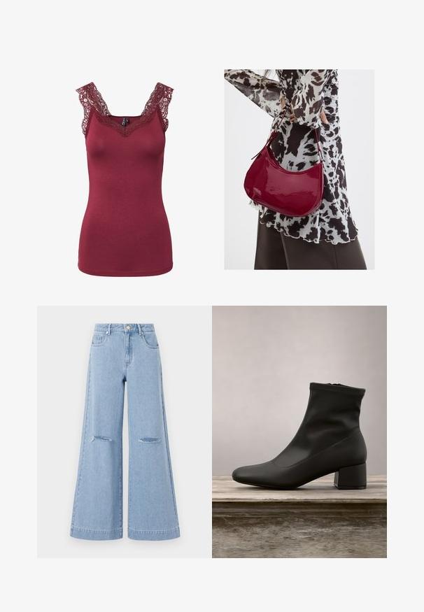 Ärmelloses bordeauxfarbenes Tanktop mit Spitzenbesatz am Ausschnitt und an den Schultern, figurbetonte Passform, keine sichtbaren Muster oder Knöpfe.; Helle blaue Schlagjeans mit hoher Taille, ausgestattet mit zwei vorderen Taschen und zwei Rissen an den Knien, aus Denim-Material gefertigt.; Schwarzer Knöchelstiefel mit glattem, glänzendem Lederfinish, schrägem Blockabsatz und einem eng anliegenden, elastischen Schaft für eine schlanke Silhouette.; Frau trägt eine schwarz-weiß gemusterte Bluse und hält eine glänzende rote Schultertasche vor einem einfarbigen Hintergrund.