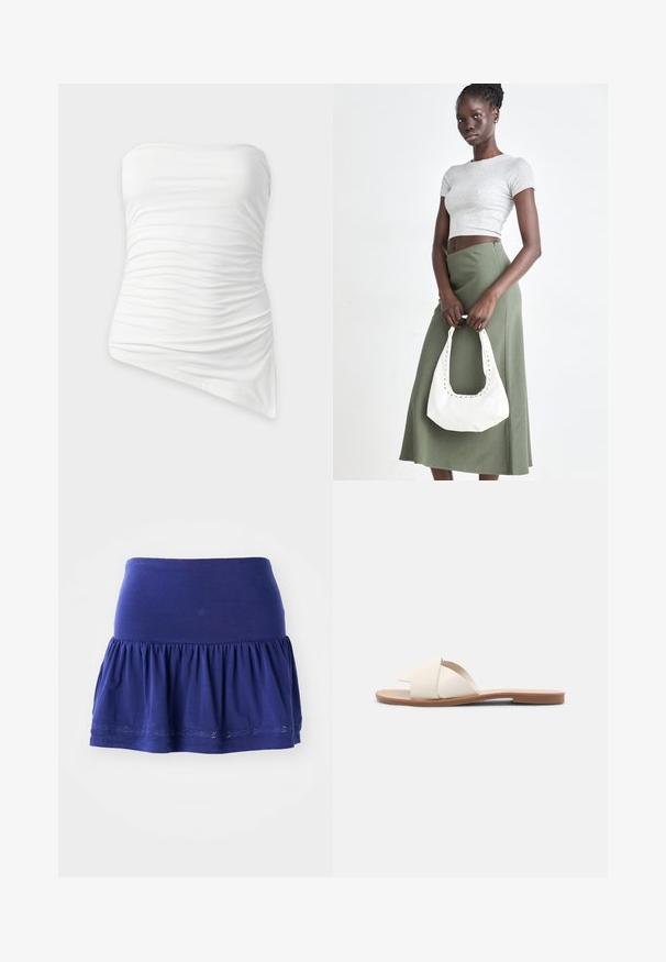 Haut bustier blanc froncé avec un ourlet asymétrique, ajusté avec détails de tissu froncé.; Jupe en jersey bleu marine avec un bas froncé, une ceinture élastique et une bordure décorative brodée le long de l'ourlet. Tissu doux et léger.; Des sandales plates beige clair avec des brides croisées, une tige synthétique lisse et une semelle en caoutchouc plate marron. Aucune ornementation ni motif.; Top court rayé gris et jupe taille haute verte olive. Le mannequin tient un sac à bandoulière blanc avec des découpes. Design simple, silhouette ajustée.