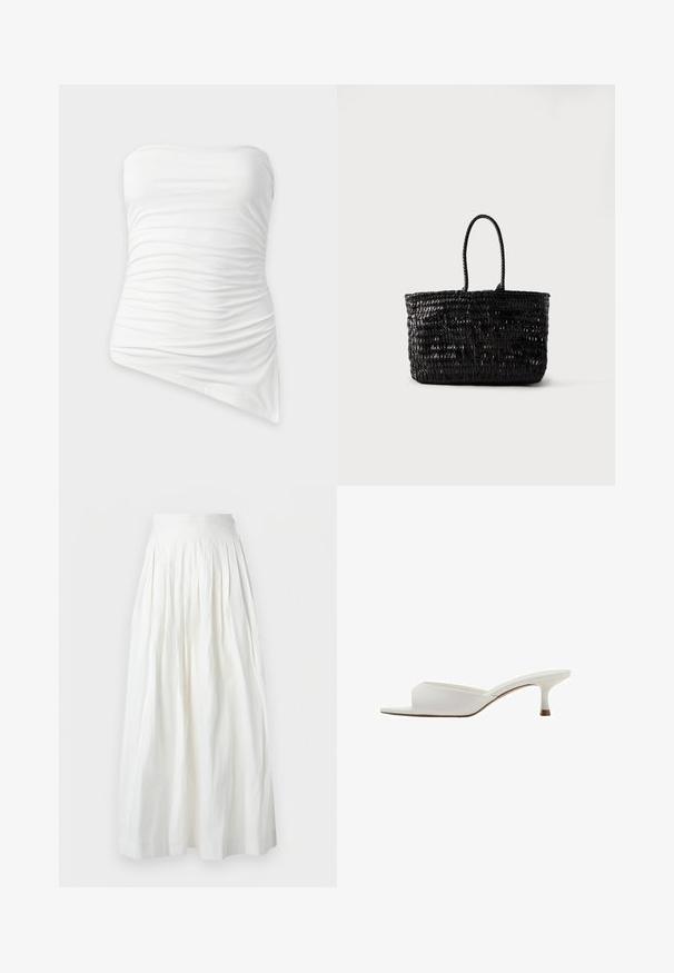 Haut bustier blanc froncé avec un ourlet asymétrique, ajusté avec détails de tissu froncé.; Jupe longue plissée taille haute blanche avec une large ceinture et un tissu fluide, présentée sur un fond clair uni.; Mule ouverte blanche à bout ouvert avec un petit talon kitten bas et une tige en cuir lisse, montrée de profil sur un fond blanc.; Sac fourre-tout en cuir tressé noir avec deux poignées arrondies, debout sur un fond blanc uni.