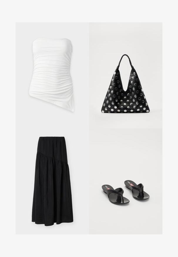 Witte strapless top met plooien en een asymmetrische zoom, aansluitend en met geplooide stofdetails.; Zwarte enkellange rok met geplooide stof en een diagonale naaddetail aan de voorkant.; Melissa QUANTUM THONG X DIESEL - Teensandalen - black; Zwarte leren tas met een driehoekige vorm, voorzien van zilveren metallic stippen en een gestructureerd handvat. Over het algemeen een gladde afwerking.