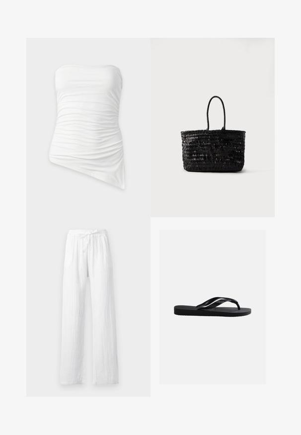 Witte strapless top met plooien en een asymmetrische zoom, aansluitend en met geplooide stofdetails.; Witte lichte linnen broek met een aantrekkoord in de taille en rechte pijpen, weergegeven op een eenvoudige achtergrond.; Zwarte rubberen flip-flopsandaal met gestructureerde zool en gladde bandjes, zijaanzicht tegen een effen lichtgrijze achtergrond.; Zwarte gevlochten leren tas met twee afgeronde handvatten, rechtopstaand tegen een eenvoudige witte achtergrond.