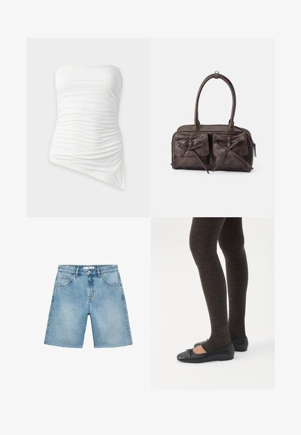 Hvid stropløs top med rynker og asymmetrisk kant, tætsiddende og med stofdetaljer.; Lyseblå denimshorts med lige snit, fem lommer, frontlukning med knap og flosset kantdetalje. Klassisk denimtekstur.; Ben iført mørke ribbede leggings kombineret med sorte balletsko med små sløjfedetaljer på hvid baggrund.; Brun læder håndtaske med to forlommer der har snore, rundede håndtag og lynlåslukning. Glat tekstur med en subtil glans.