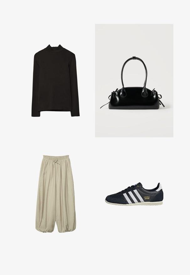 Chemise noire à manches longues et col roulé avec un ourlet droit et des manches ajustées sur fond blanc.; Pantalon large beige ample avec taille élastique, lien coulissant, poches latérales et détails cloutés le long des coutures extérieures.; Baskets en cuir noir avec trois rayures blanches, une finition texturée, un logo doré "adidas JAPAN" et une semelle en caoutchouc avec un motif de grip.; Petit sac à main noir brillant avec deux longues anses et des détails à cordon sur les côtés sur un fond clair uni.